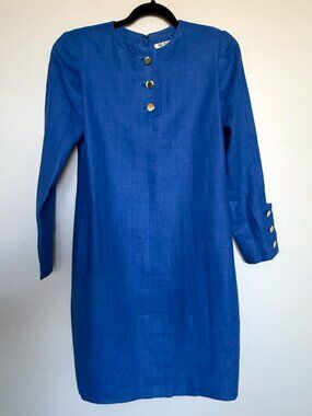 Vintage Bill Blass Blue Linen Shift Dress Gold Button Union Made USA